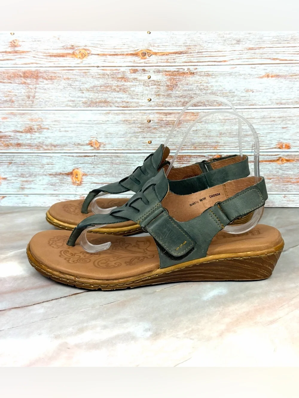 Born Karis Wedge Thong Slingback Sandals in Dark Sage Leather